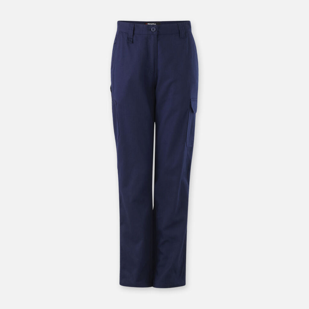Navy blue Explorer Shield cargo pants with side pockets, belt loops, and button closure.