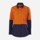 Explorer Shield long-sleeve shirt: orange top, navy bottom, two chest pockets.