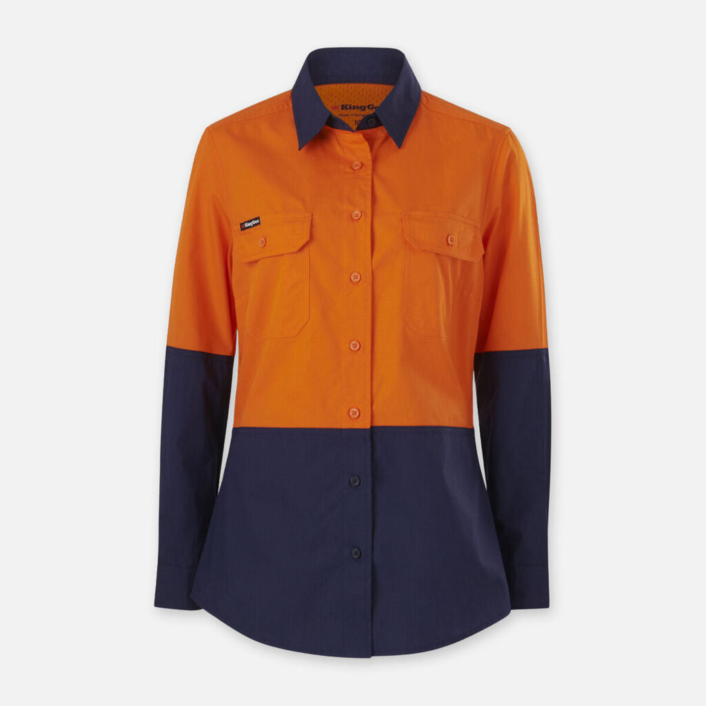 Explorer Shield long-sleeve shirt: orange top, navy bottom, two chest pockets.