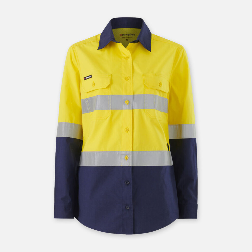 High-visibility Explorer Shield work shirt in yellow/navy with reflective stripes.