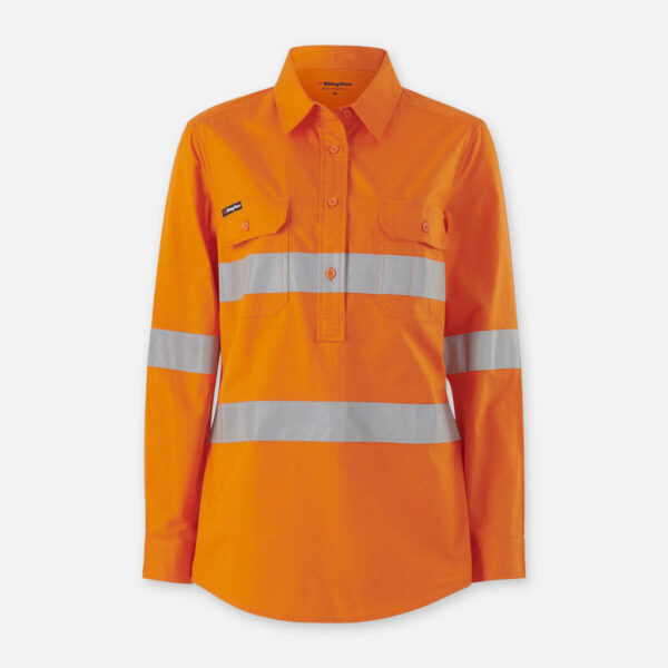 Explorer Shield orange safety shirt with long sleeves and silver reflective stripes.