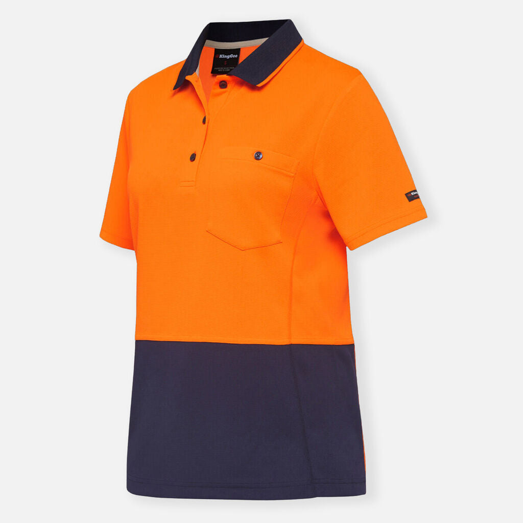 Orange and navy Explorer Shield polo with chest pocket and buttoned collar.