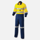 Explorer Shield coveralls: yellow/navy, reflective stripes on arms, chest & legs.