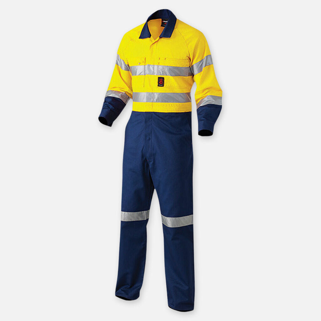 Explorer Shield coveralls: yellow/navy, reflective stripes on arms, chest & legs.