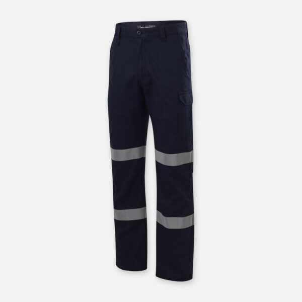 Explorer Shield work pants in navy blue with two reflective silver stripes on each leg.