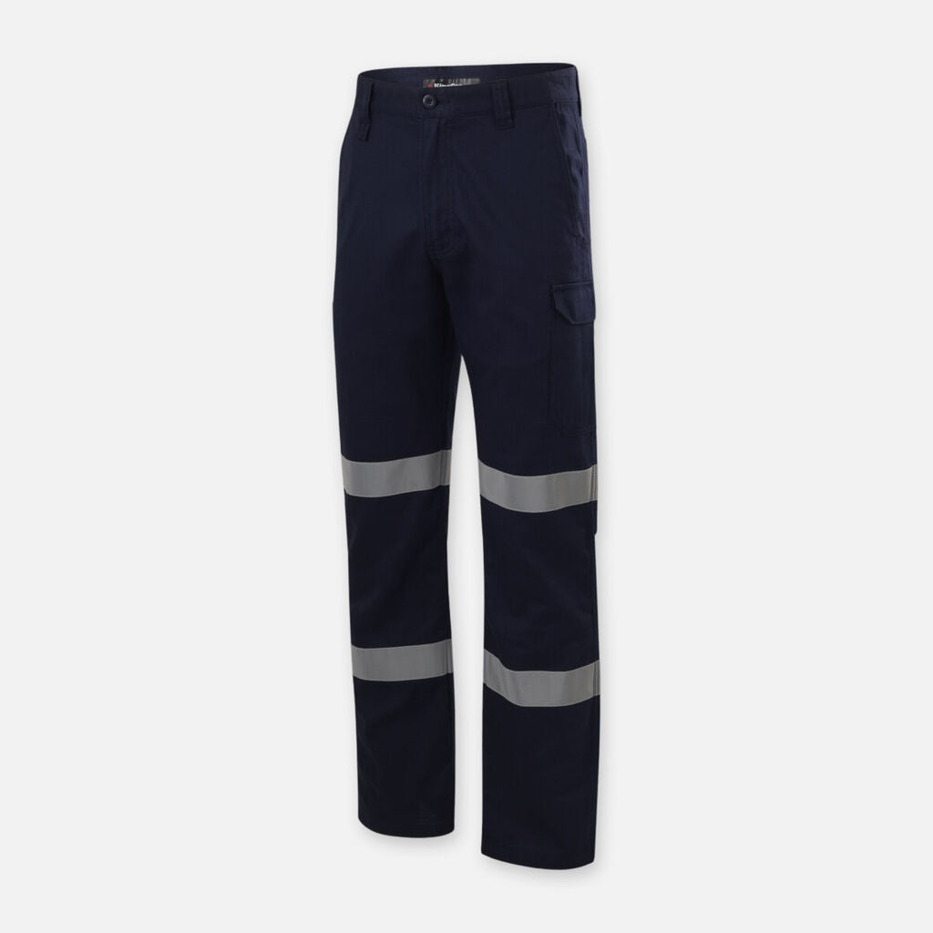 Explorer Shield work pants in navy blue with two reflective silver stripes on each leg.