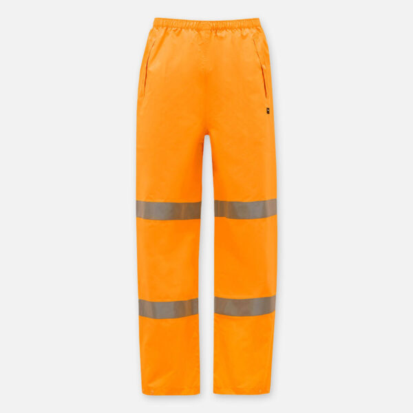 Bright orange Explorer Shield pants with dual horizontal leg reflective stripes.