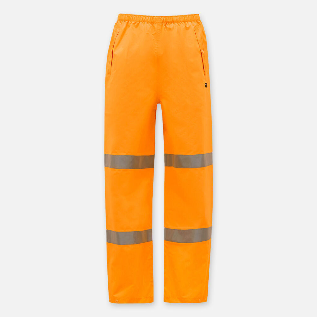 Bright orange Explorer Shield pants with dual horizontal leg reflective stripes.