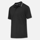 Black Explorer Shield polo with chest pocket, white trim, and collar detail.