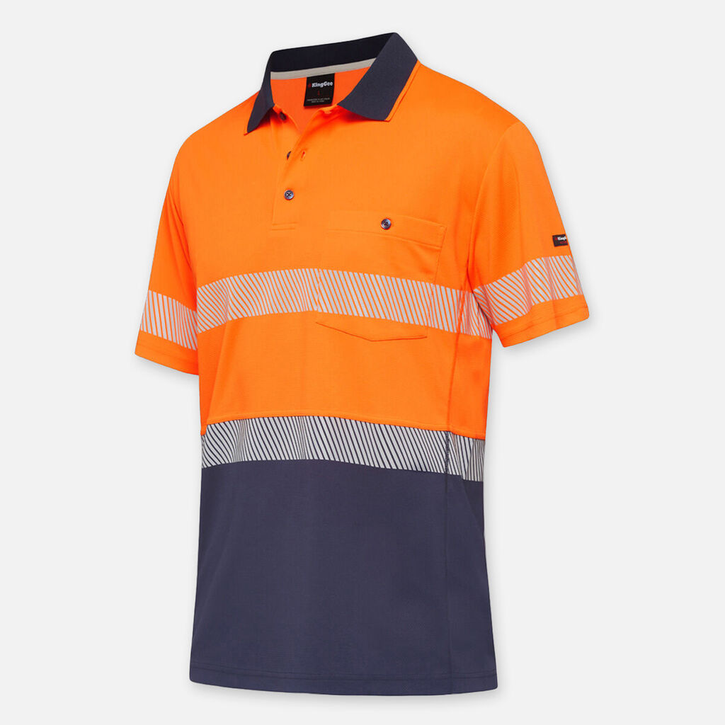 Explorer Shield polo in bright orange/navy with reflective stripes and a chest pocket.
