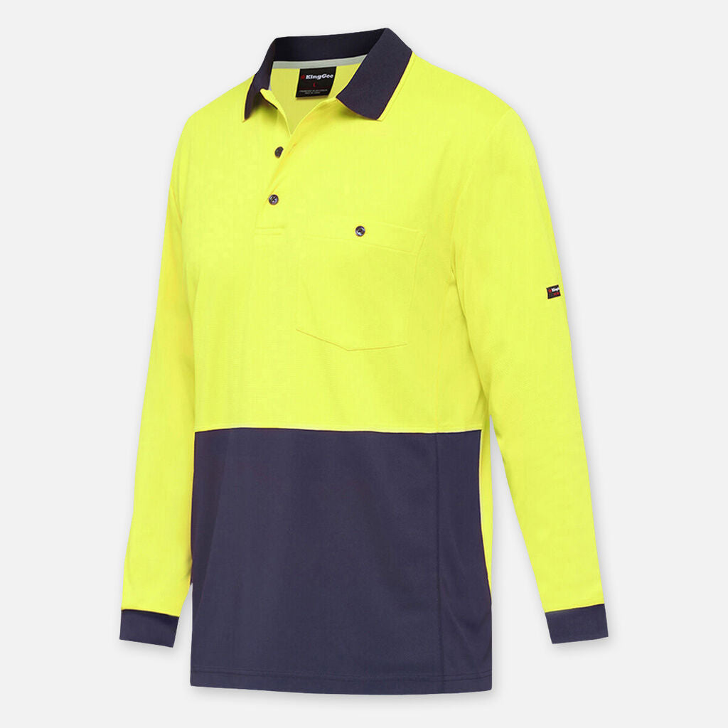 Yellow and navy blue Explorer Shield work shirt with collar and chest pocket.