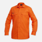 Explorer Shield long-sleeve shirt in bright orange with two chest pockets, white background.