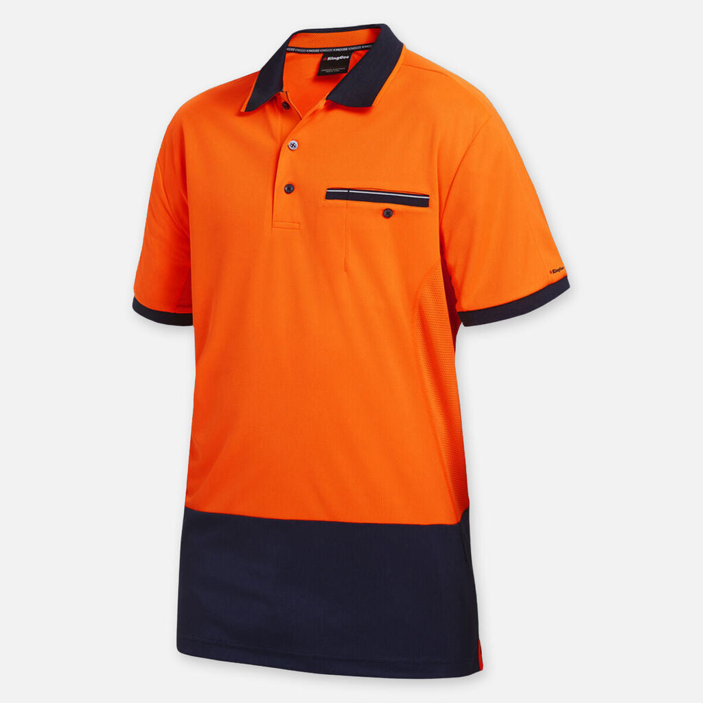 Bright orange and navy short-sleeve polo with Explorer Shield on the chest pocket.