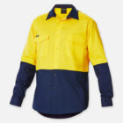 Explorer Shield long-sleeve shirt, yellow top, navy bottom, two chest pockets.