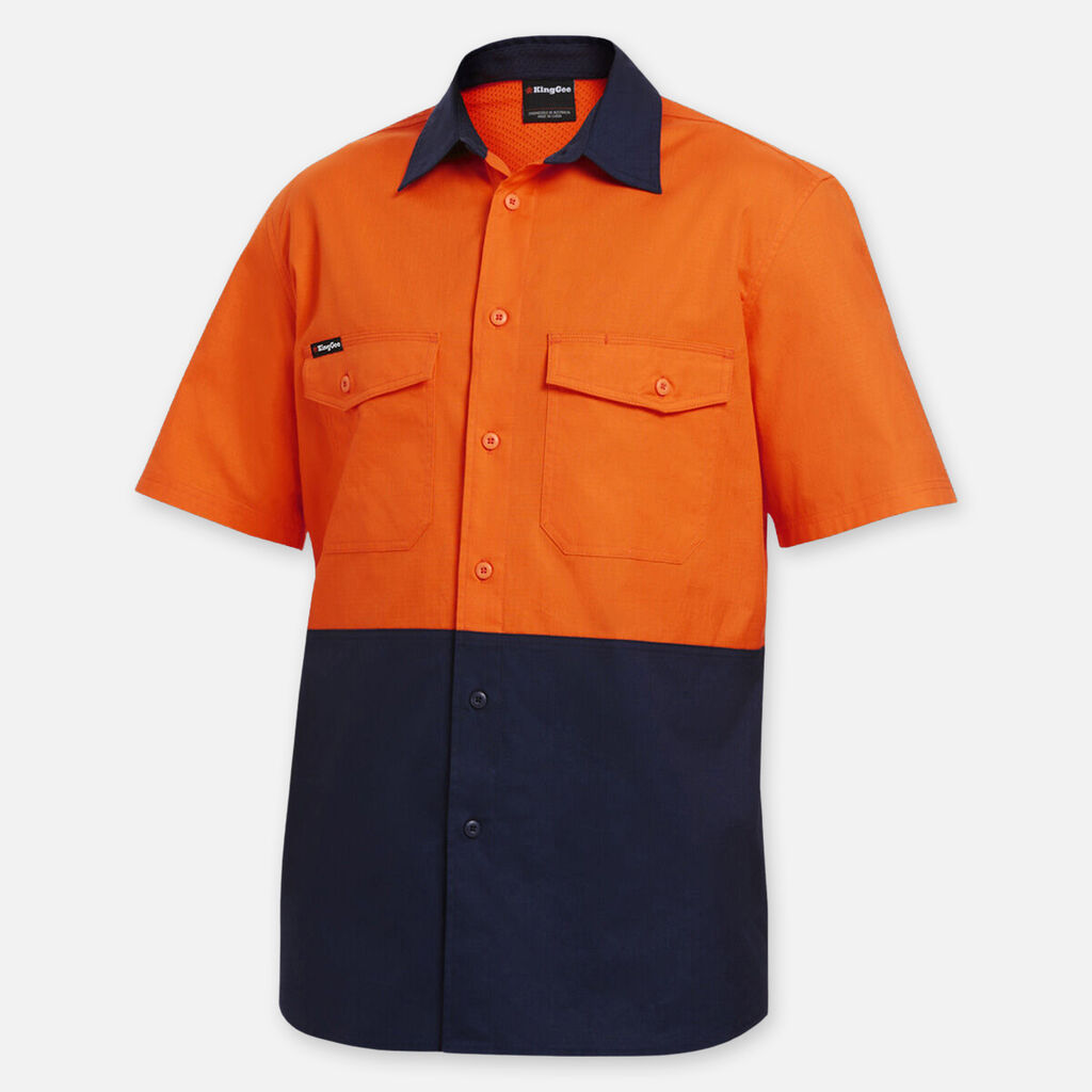 Explorer Shield short-sleeve two-tone work shirt with chest pockets.