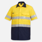 A short-sleeve work shirt inspired by the Emz A5 Notebook design, featuring a bright yellow top and dark blue bottom. It includes two reflective silver stripes on the chest and waist, two flapped chest pockets, and a dark blue collar.
