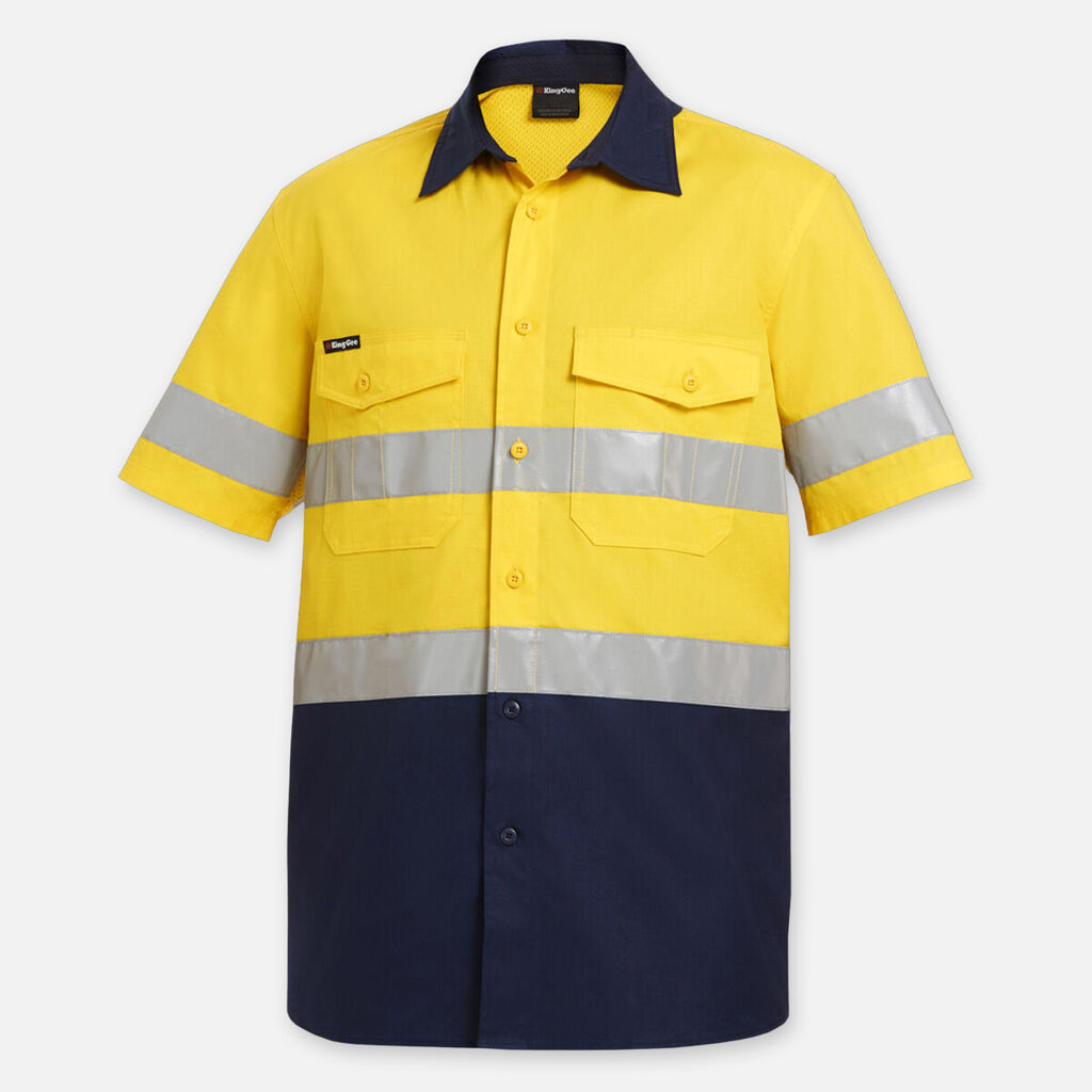 A short-sleeve work shirt inspired by the Emz A5 Notebook design, featuring a bright yellow top and dark blue bottom. It includes two reflective silver stripes on the chest and waist, two flapped chest pockets, and a dark blue collar.