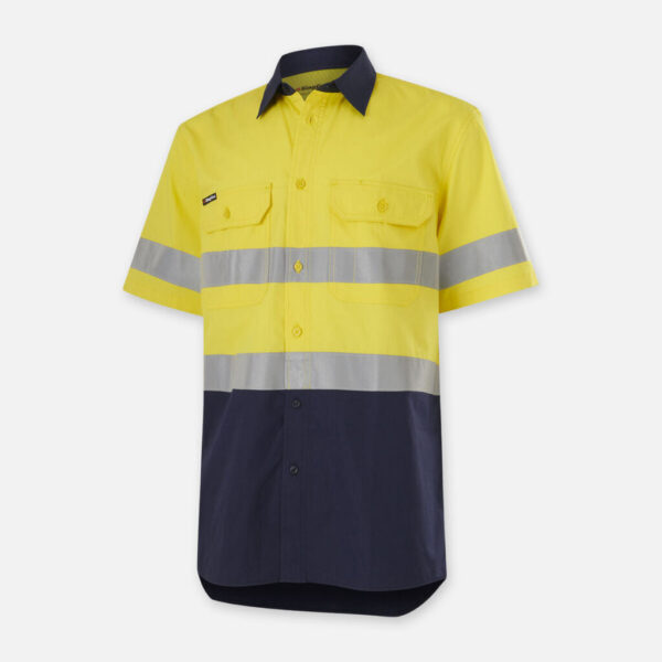 Yellow and navy Explorer Shield work shirt with short sleeves, chest pockets, and reflectives.