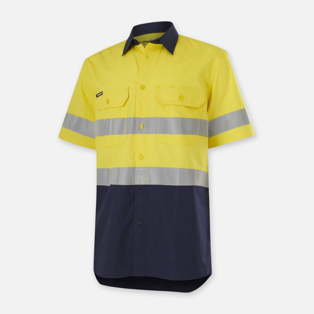 Yellow and navy Explorer Shield work shirt with short sleeves, chest pockets, and reflectives.