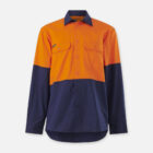 Explorer Shield: Long-sleeve shirt, orange top, navy bottom, chest pockets.