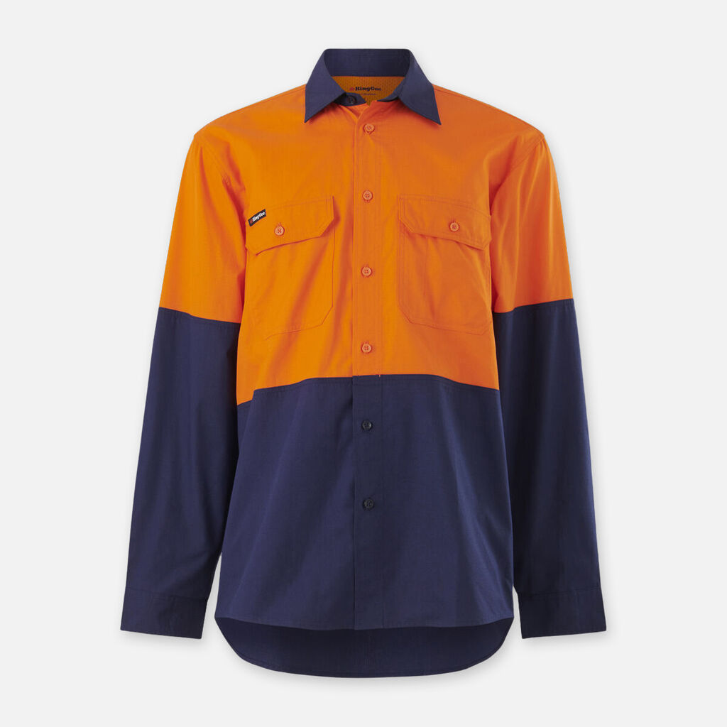 Explorer Shield: Long-sleeve shirt, orange top, navy bottom, chest pockets.