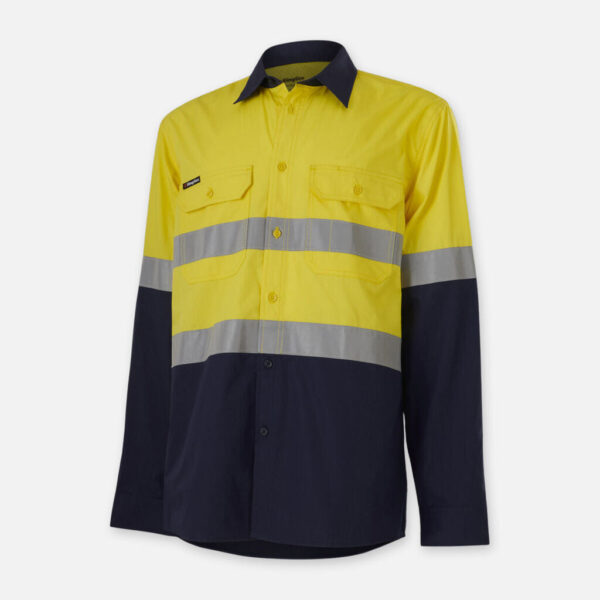 Yellow and navy Explorer Shield work shirt with silver reflective stripes and front pockets.