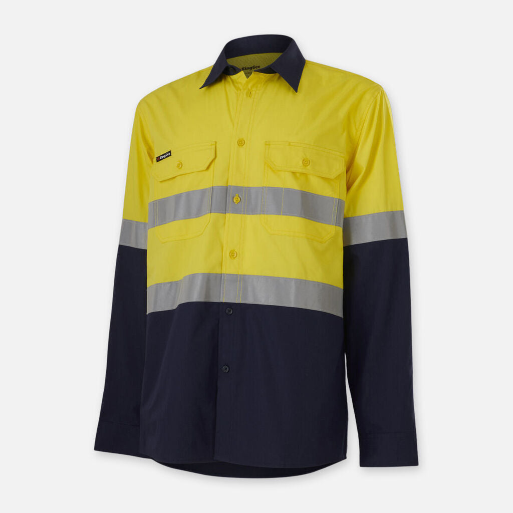 Yellow and navy Explorer Shield work shirt with silver reflective stripes and front pockets.