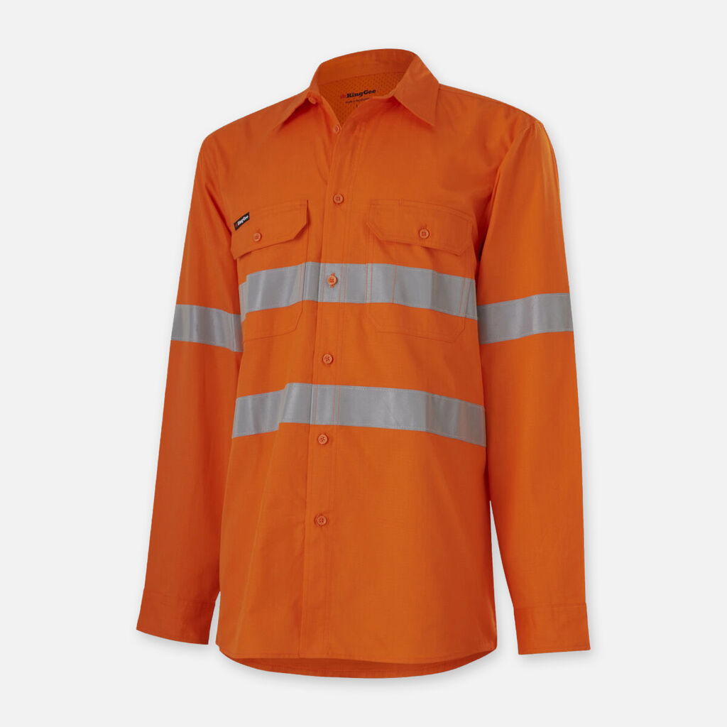 Explorer Shield orange long-sleeve safety shirt with two silver chest stripes.