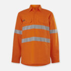 Bright orange Explorer Shield shirt with front pockets and reflective stripes.