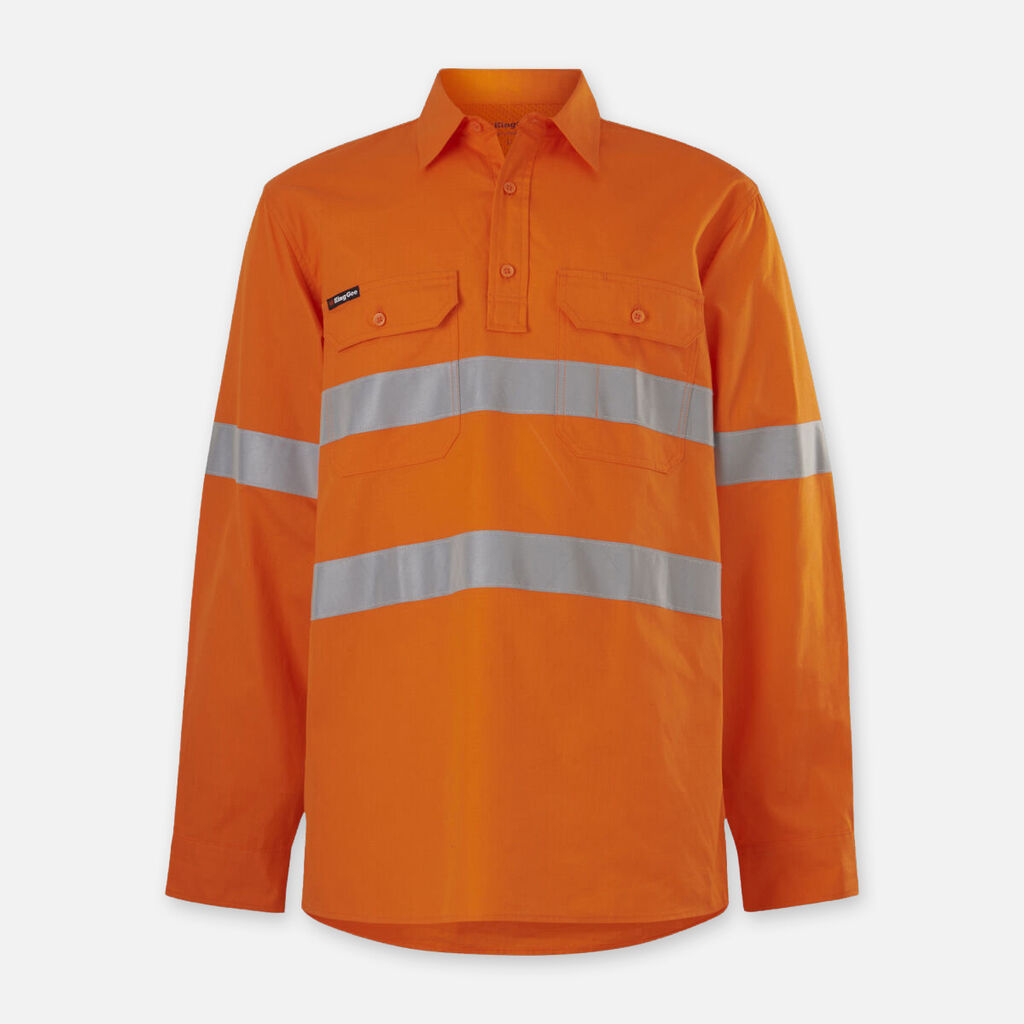 Bright orange Explorer Shield shirt with front pockets and reflective stripes.