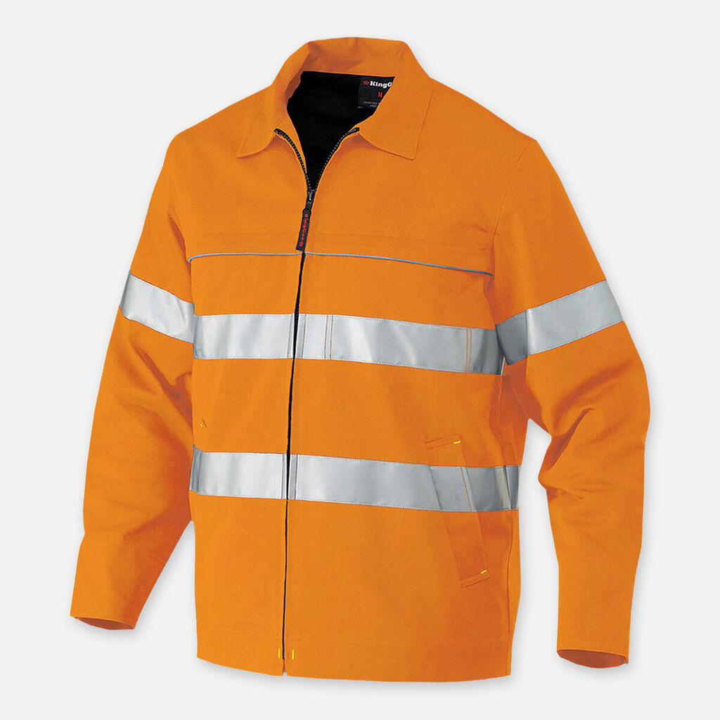 Bright orange Explorer Shield jacket with two horizontal silver reflective stripes.