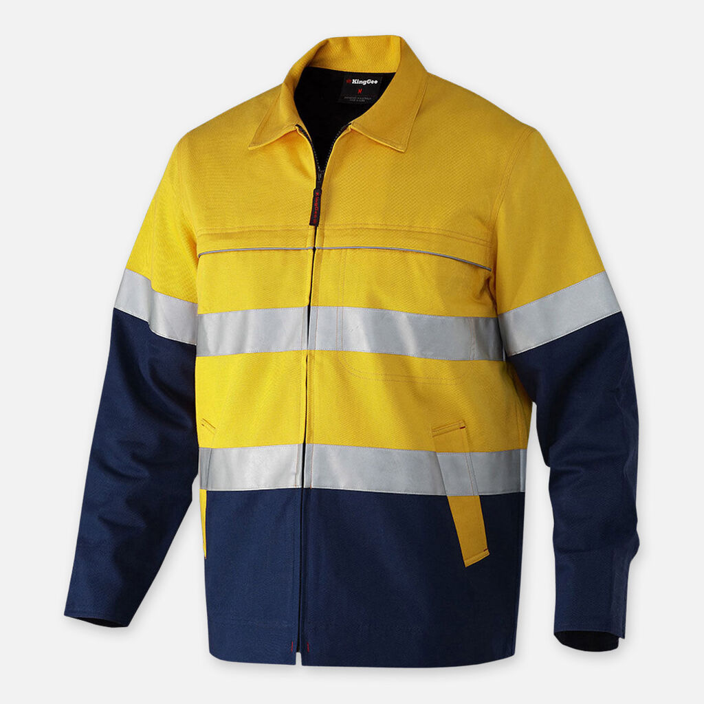 Yellow/navy Explorer Shield jacket with reflective stripes and a front zipper.