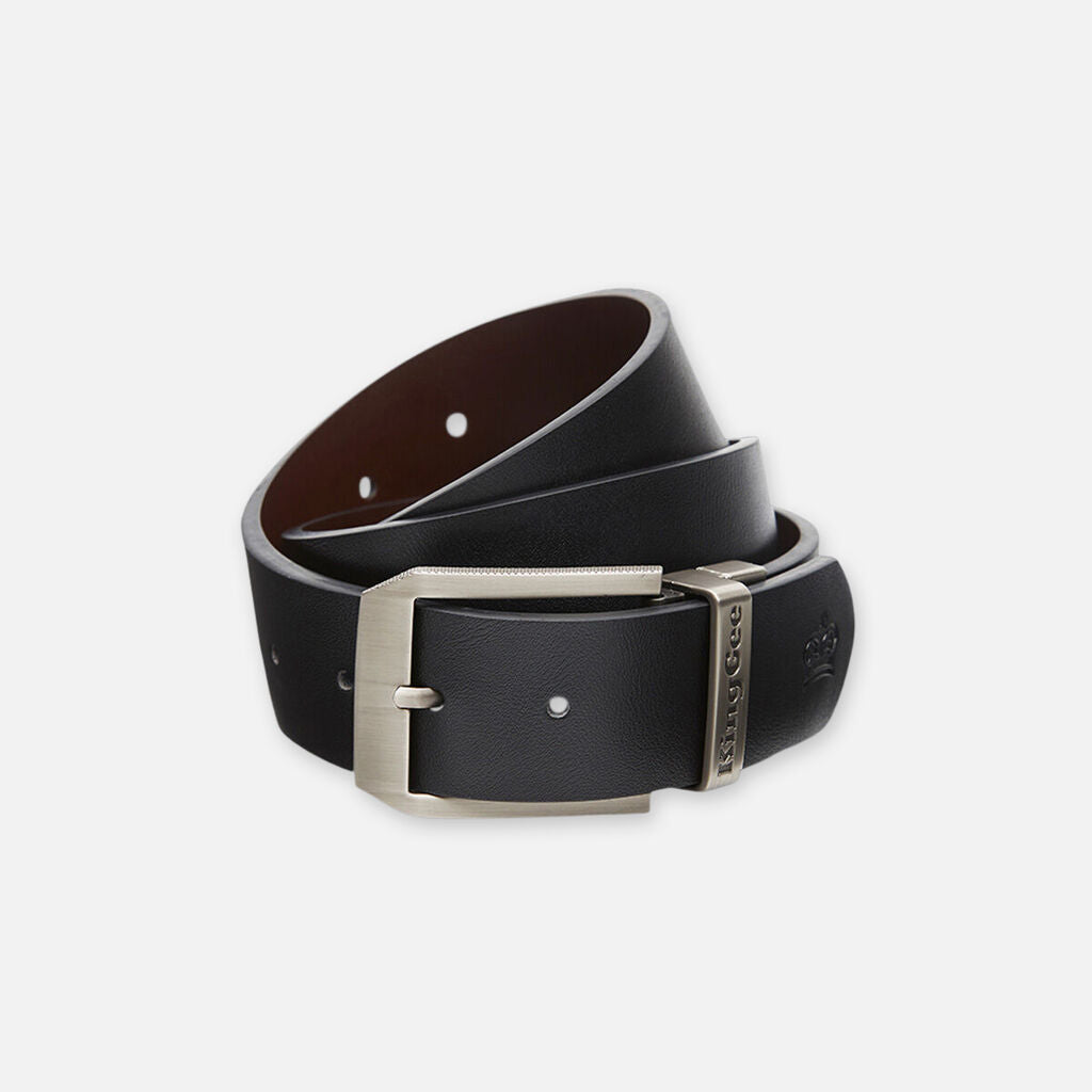 Explorer Shield belt, black leather with signature buckle, coiled on a white background.