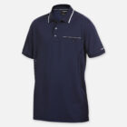 Navy blue Explorer Shield polo with white trim, chest pocket, and button-up collar.