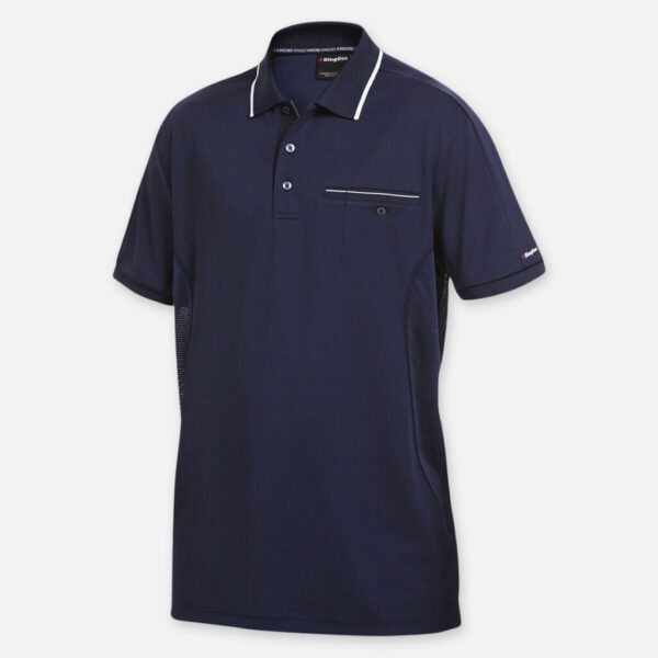 Navy blue Explorer Shield polo with white trim, chest pocket, and button-up collar.