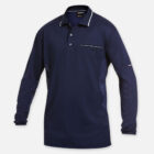 Explorer Shield navy long-sleeve polo with front pocket and white collar trim.