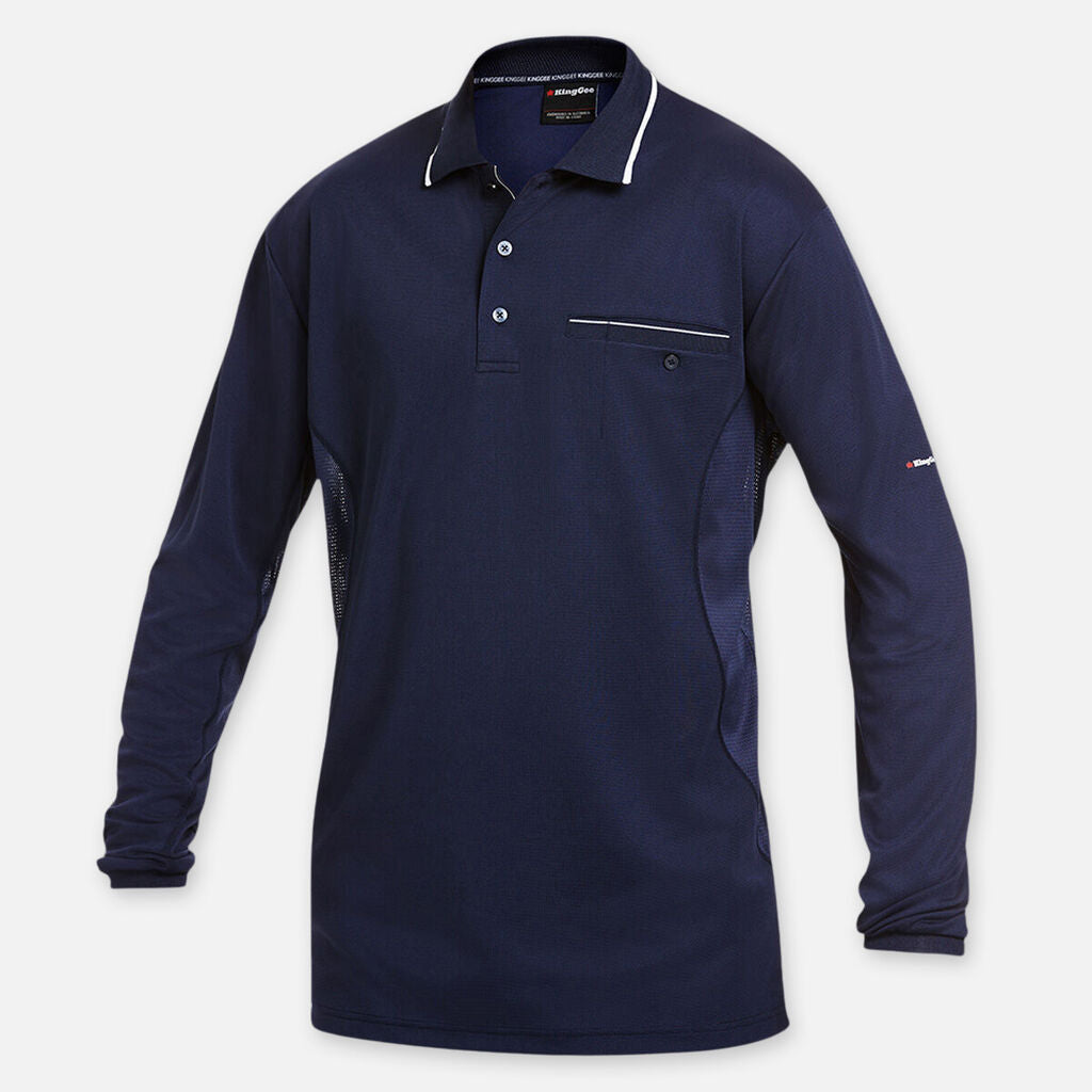 Explorer Shield navy long-sleeve polo with front pocket and white collar trim.