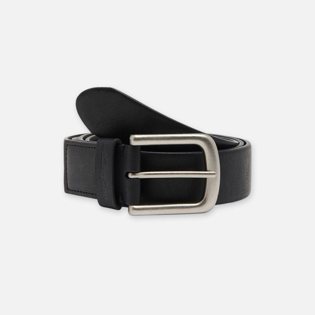 The Explorer Shield black leather belt features a silver rectangular buckle on white background.