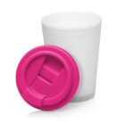 White cup with a detached pink lid on a plain white background.