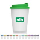 White reusable cup with green lid and nib logo, with 11 colored lid options shown below.