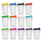 Twelve white cups with colorful lids arranged in three rows on a white background.