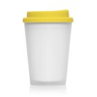 White reusable cup with a yellow lid, set against a plain white background.