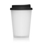 A reusable white coffee cup with a black lid on a white background.