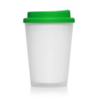 White reusable cup with a green lid, shown against a plain white background.