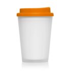 White reusable cup with an orange lid, isolated on a white background.
