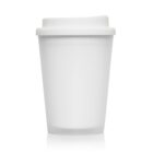 White reusable coffee cup with lid, isolated on a plain white background.