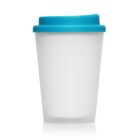 White plastic cup with a blue lid, shown on a white background.