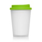 White reusable cup with a bright green lid, isolated on a white background.