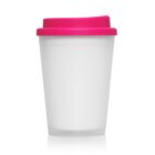 White reusable cup with a bright pink lid, shown on a white background.