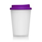 White reusable cup with a purple lid, shown on a white background.